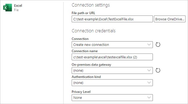 Informació de connexió per accedir al llibre de treball de l'Excel.