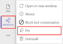 Captura de pantalla de fixar l'aplicació Fluxos de treball al Teams.