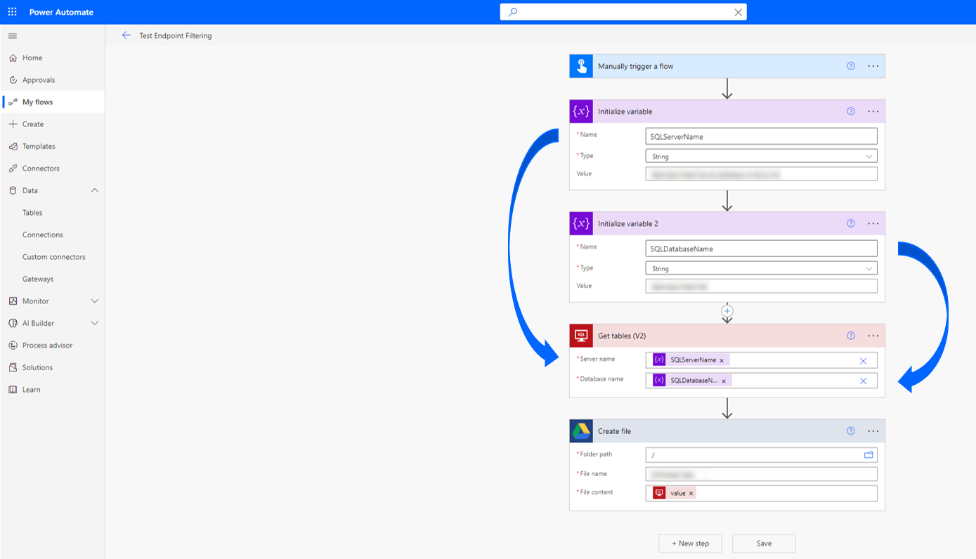 Cloud flow utilitza variables per connectar-se a SQL.