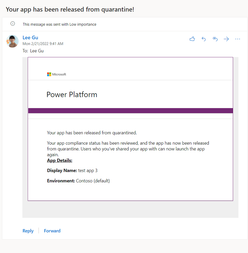 El creador de l'aplicació rep una notificació per correu electrònic per informar-los que la seva aplicació s'ha alliberat de la quarantena.