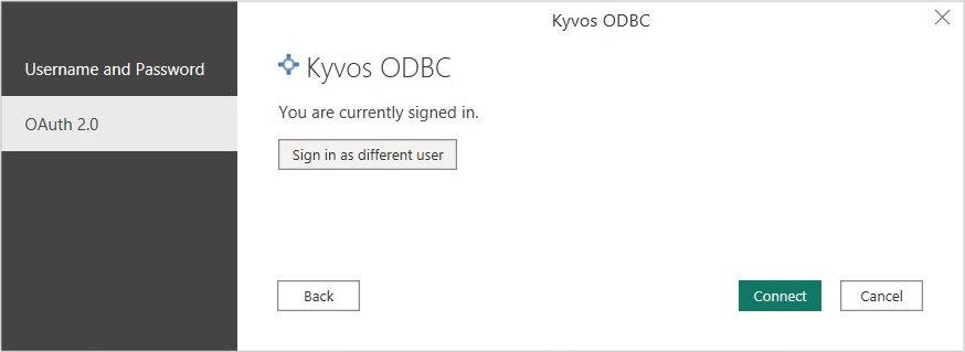 Captura de pantalla de Connect en la que se muestra la selección del conector ODBC de Kyvos.