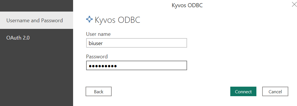 Captura de pantalla del nombre de usuario y la contraseña en la que se muestra la selección del conector ODBC de Kyvos.