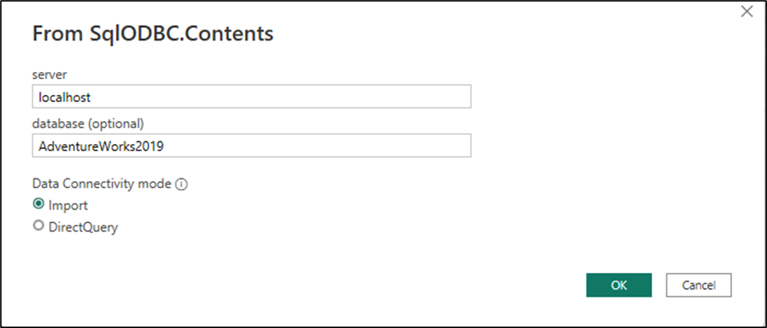 Screenshot of connector dialog with server and database as parameters.