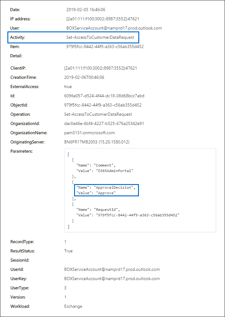 Registro de auditoría de una solicitud de caja de seguridad de cliente aprobada.