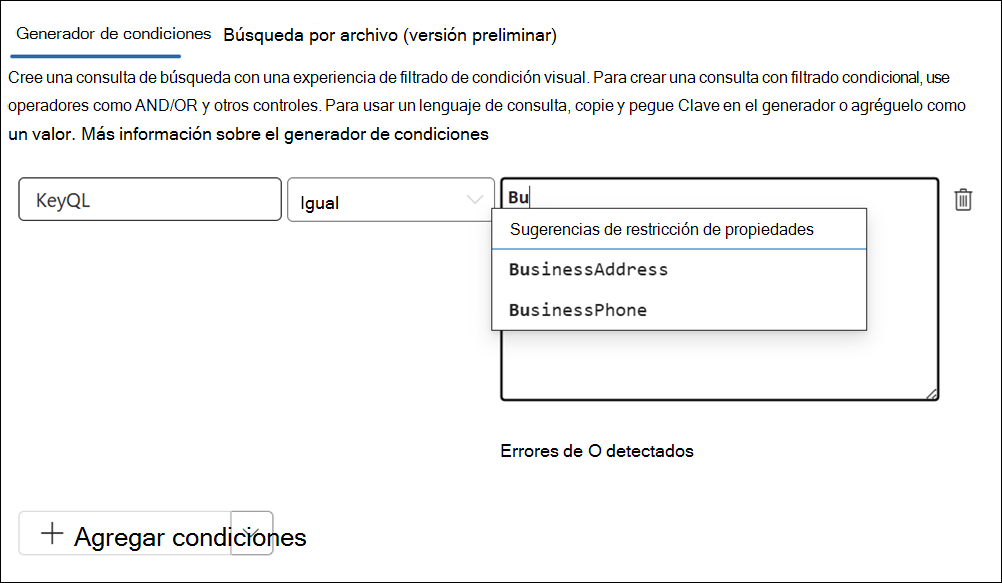 El editor de KeyQL sugiere propiedades admitidas.