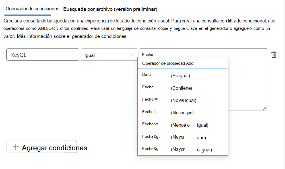 El editor de KeyQL sugiere operadores.