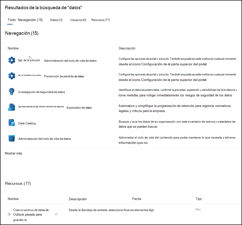 Resultados de búsqueda del portal de Microsoft Purview.