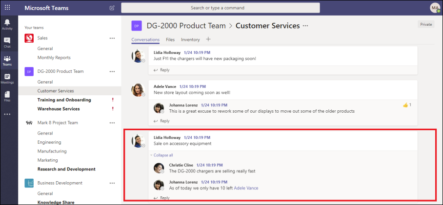 Conversación de canal de Microsoft Teams.