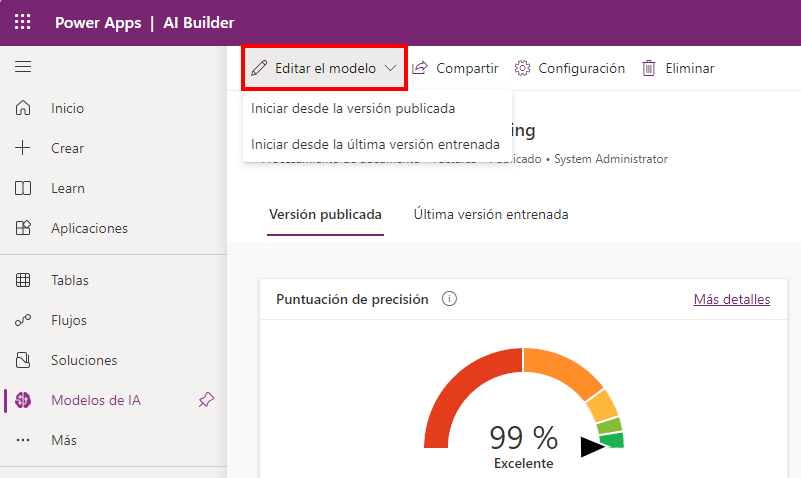 Captura de pantalla del menú Editar modelo expandido para mostrar las opciones Iniciar desde la versión publicada e Iniciar desde la última versión entrenada.