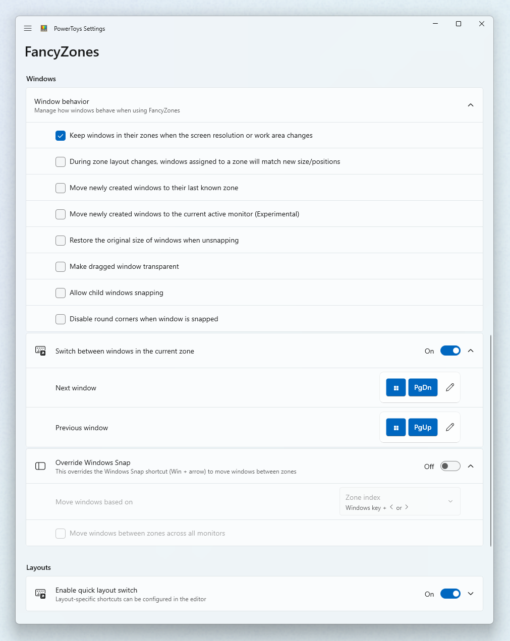 Captura de pantalla inferior de configuración de FancyZones