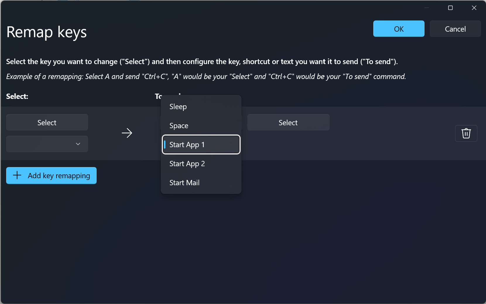 Lista de teclas PowerToysKeyboard Manager