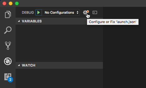 Ventana de depuración de VS Code e icono de configuración de launch.json