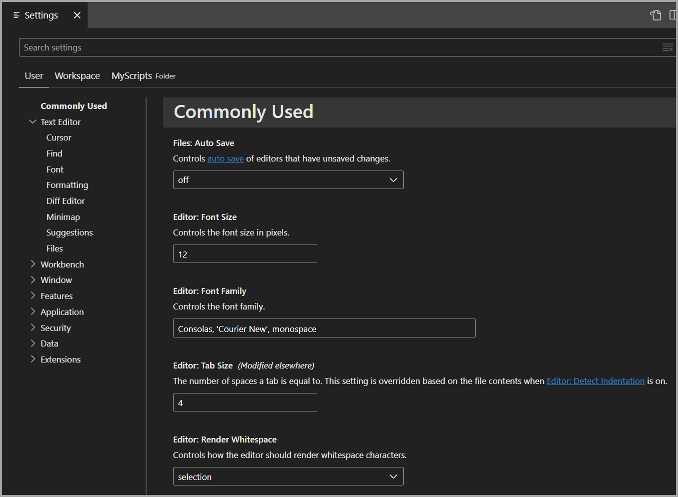 Snímek obrazovky s editorem nastavení v Nástroji Azure Data Studio