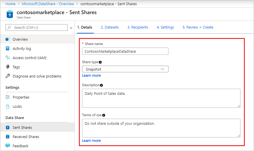 Snímek obrazovky se stránkou pro vytvoření sdílené složky ve službě Azure Data Share zobrazující název sdílené složky, typ, popis a termíny použitého použití