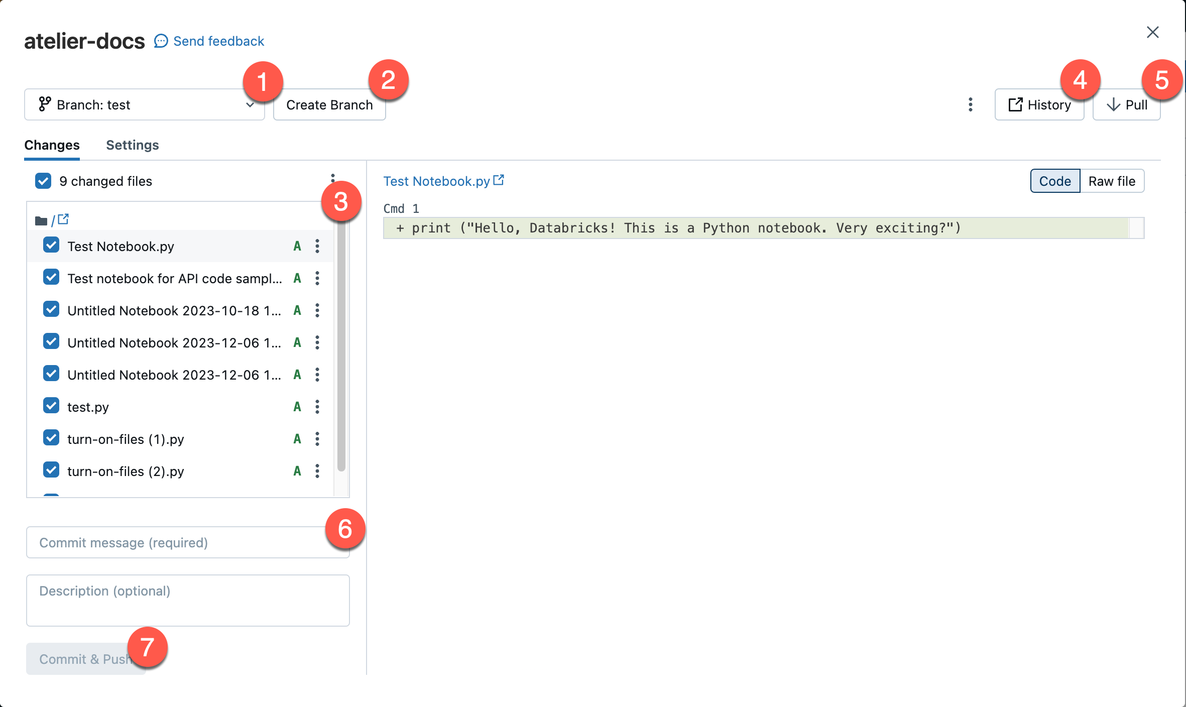 Dialogové okno sloužící k provádění operací Gitu v pracovním prostoru Databricks.