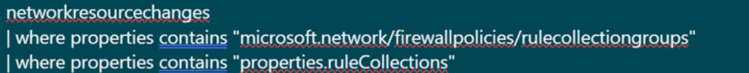 Snímek obrazovky s dotazem Azure Resource Graphu pro sledování změn ve skupinách kolekcí pravidel služby Azure Firewall