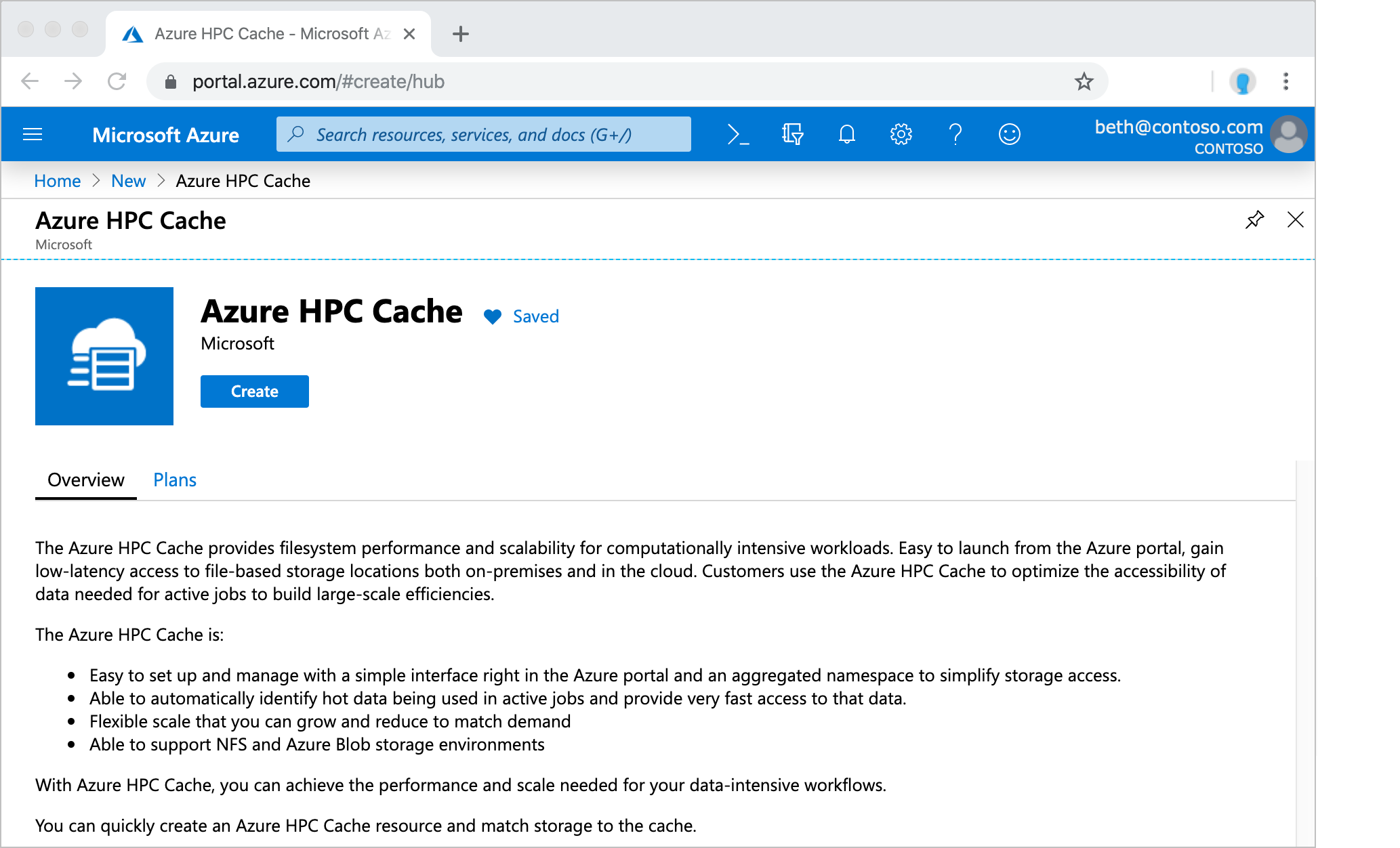 Snímek obrazovky s přehledem mezipaměti na webu Azure Portal s tlačítkem Vytvořit v dolní části