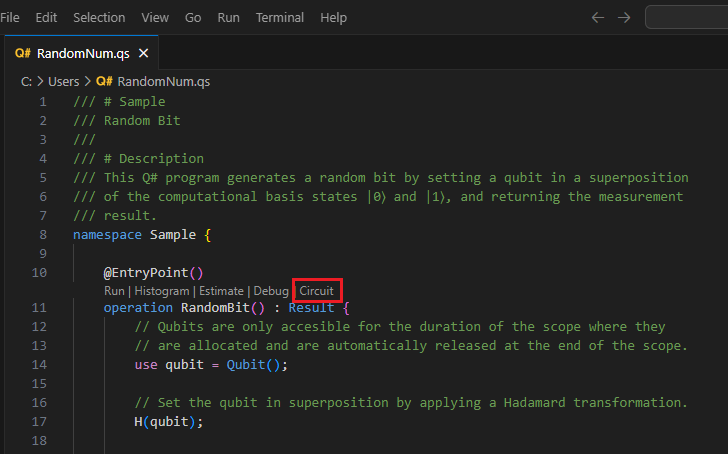 Snímek obrazovky se souborem v editoru Q# Visual Studio Code zobrazující, kde najít příkaz okruhu s kódem lens