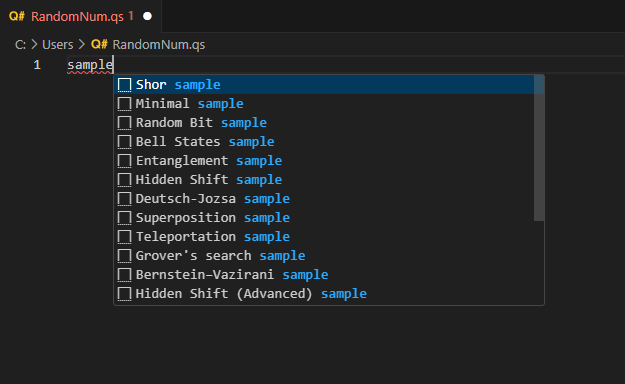 Snímek obrazovky se souborem Q# v editoru Visual Studio Code zobrazující seznam ukázek kódu při psaní ukázky slova v souboru