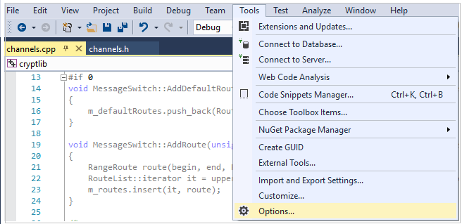 Snímek obrazovky s vybranou položkou nabídky Sady Visual Studio a zvýrazněnou položkou nabídky Možnosti