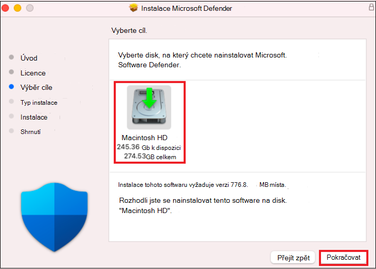 Snímek obrazovky znázorňující výběr cíle pro instalaci
