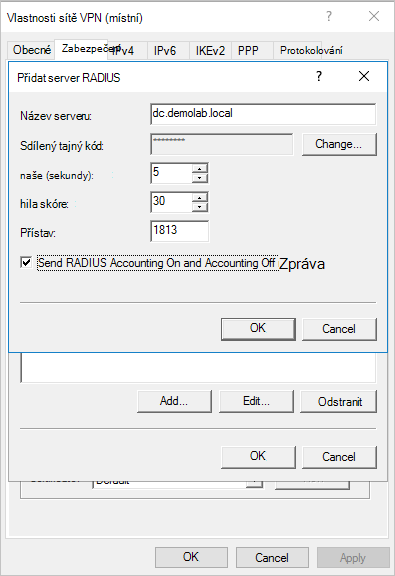 Snímek obrazovky s tlačítkem Odeslat zprávy Radius Account On a Accounting Off