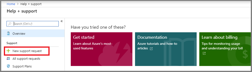 novou žádost o podporu na webu Azure Portal.