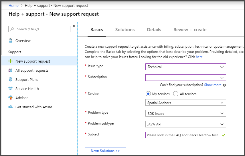 pole lístku podpory na webu Azure Portal.