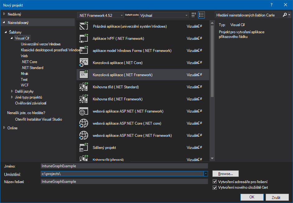 Vytvoření projektu konzolové aplikace jazyka C# v sadě Visual Studio