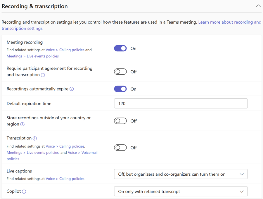 Screenshot of Teams meeting recording & transcription policies in the Teams admin center.