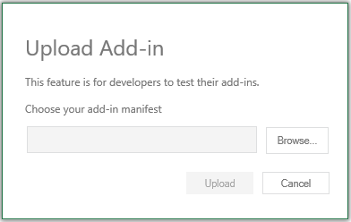 The upload add-in dialog with buttons for browse, upload, and cancel.