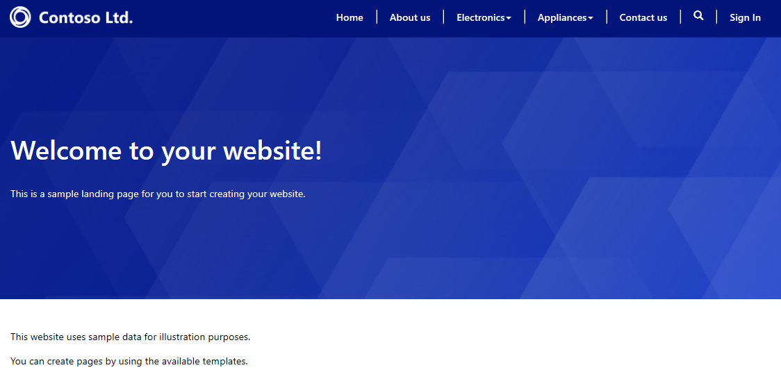 Snímek obrazovky náhledu webové stránky společnosti Conteso Ltd. Ve spodní části je zobrazena zpráva, která říká: Tato webová stránka používá vzorová data pro ilustrační účely. Stránky můžete vytvářet pomocí dostupných šablon.