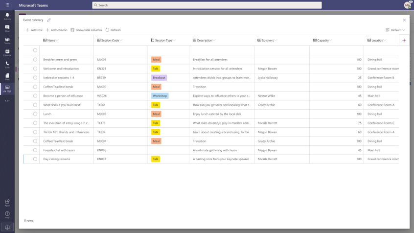 Dataverse for Teams tabulka v Teams.