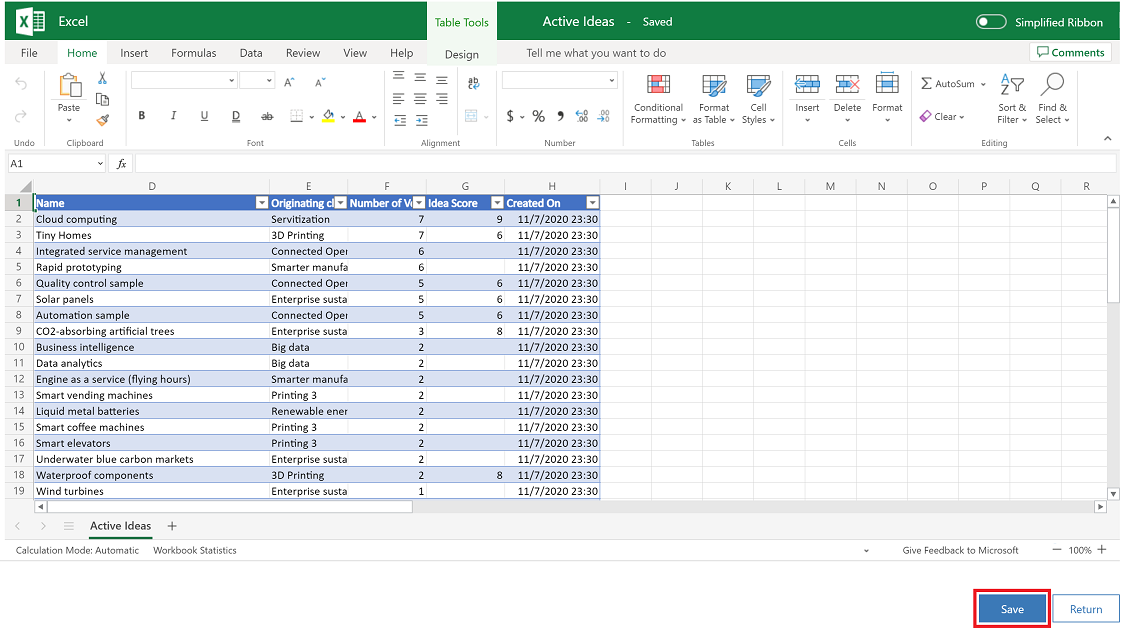 Vyberte Uložit v souboru Excel Online.