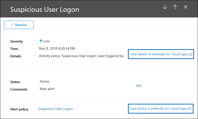 Alert details contain links to the Defender for Cloud Apps portal.