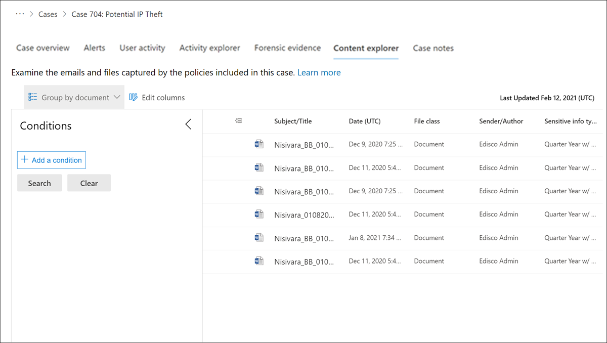 Insider risk management case Content explorer.