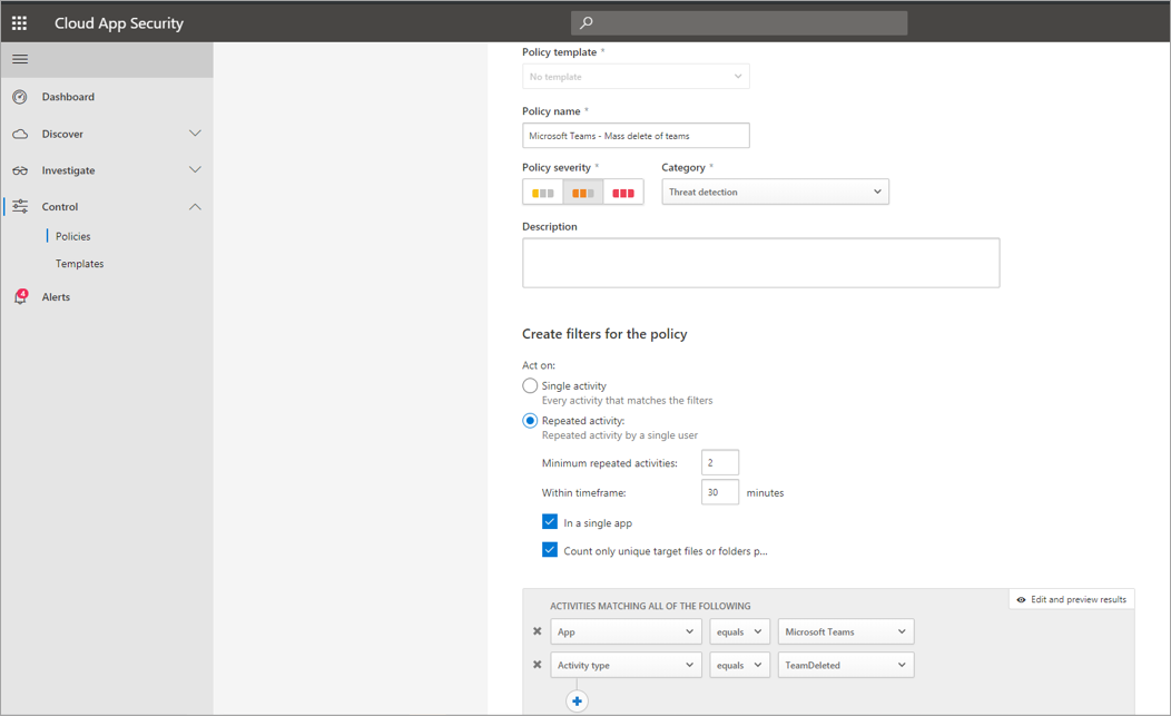 Policy showing the setting up of a policy for mass team deletion detection