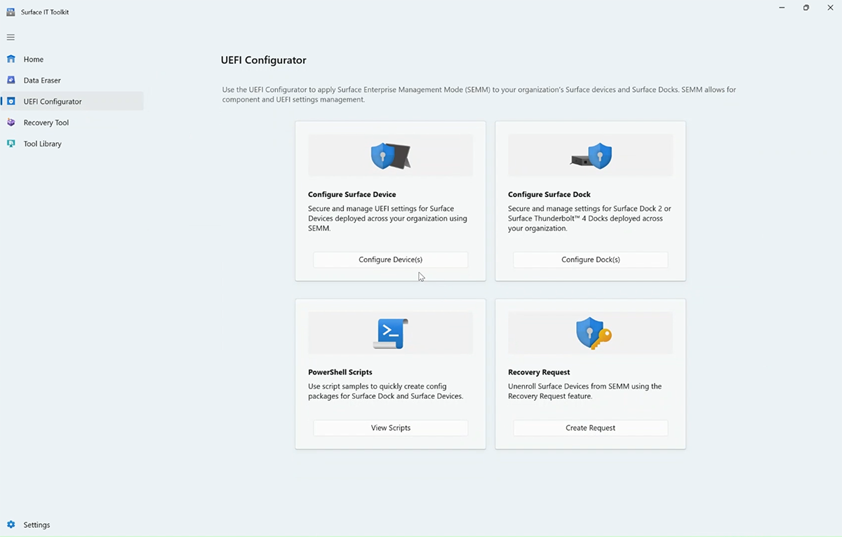 Screenshot of Surface UEFI Configurator start screen.