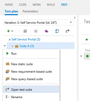 Klikněte pravým tlačítkem na sadu testů a v místní nabídce zvolte Otevřít sadu testů.