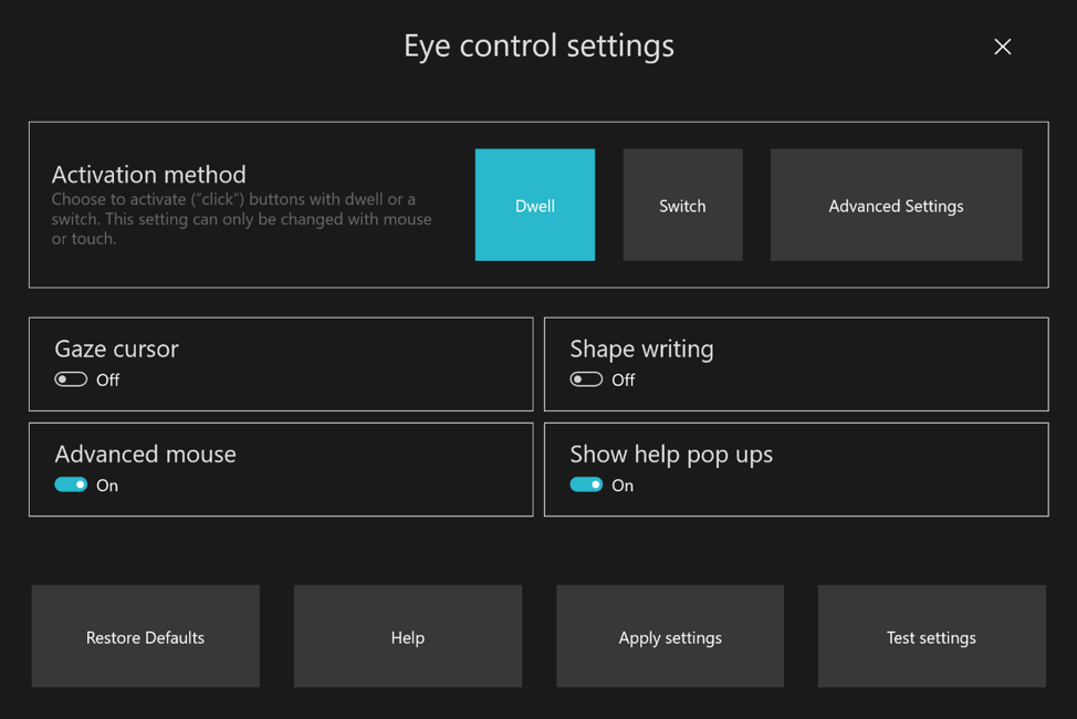 Eye Control Settings.