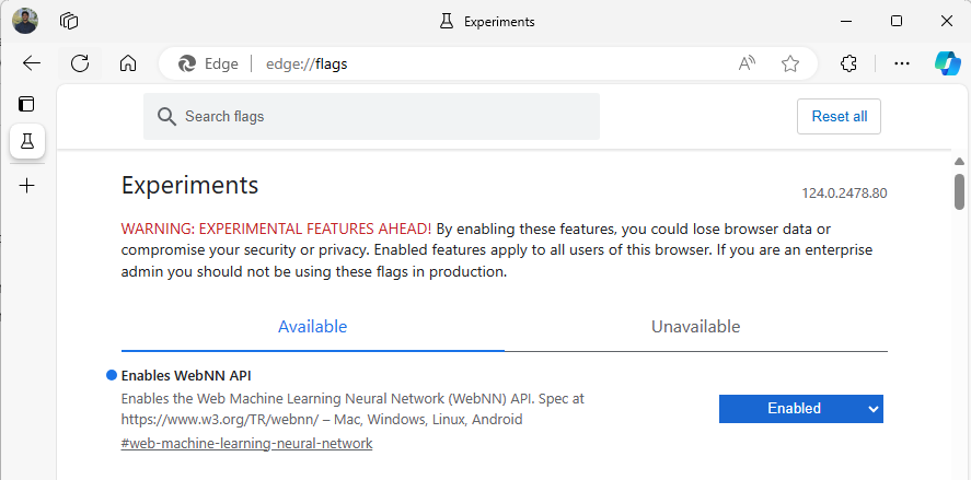 An image of WebNN enabled in the Edge beta