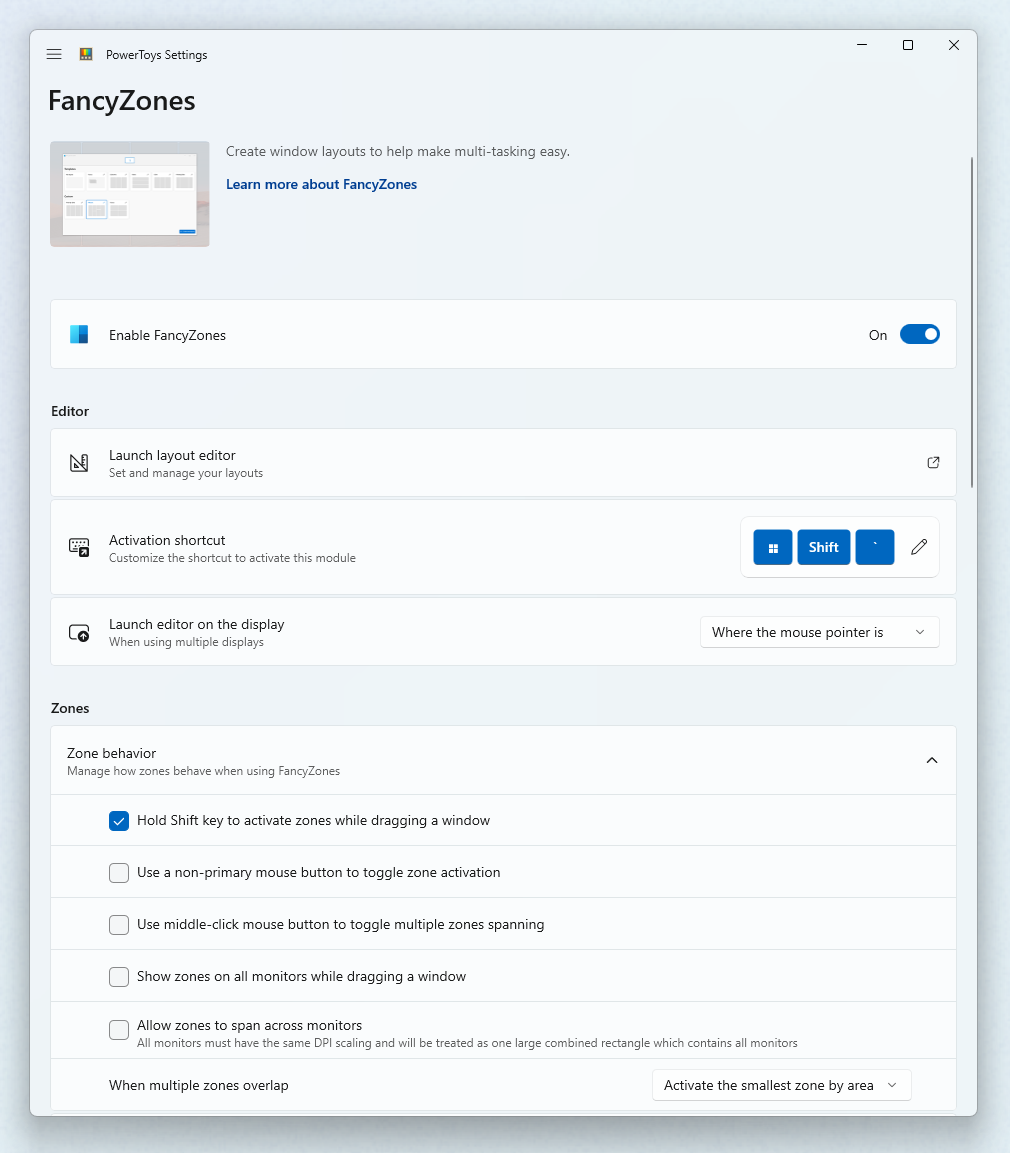 FancyZones nastavení uživatelského rozhraní