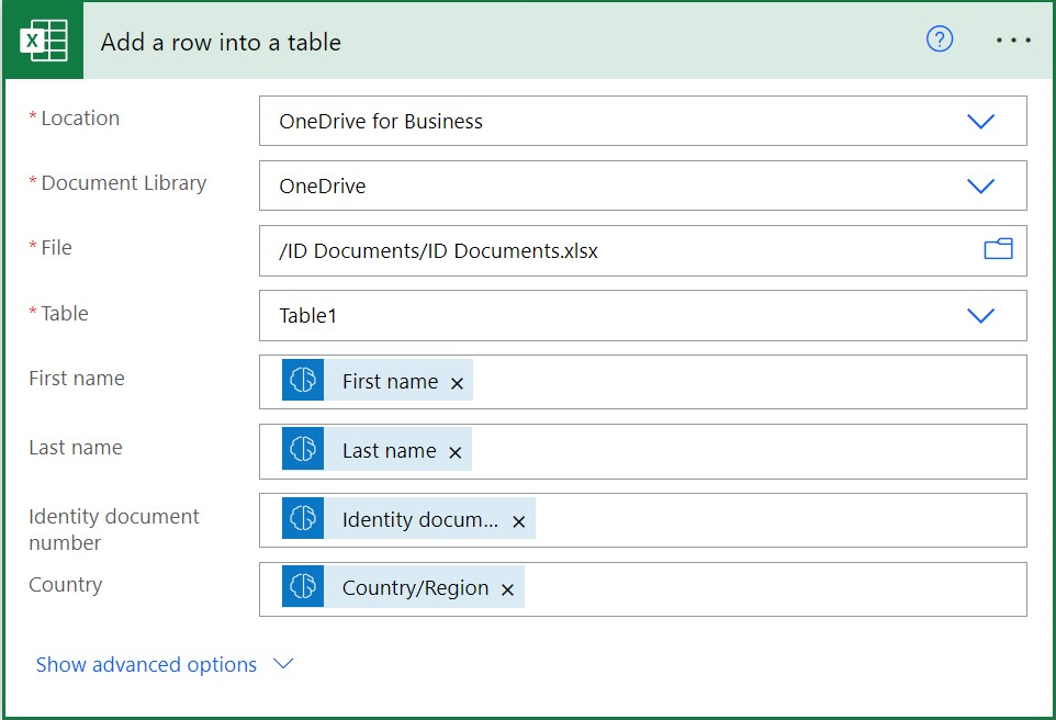 Skærmbillede af en udfyldt Add a row into a table-connector i et manuelt udløst trin til udpakning af oplysninger i et flow.