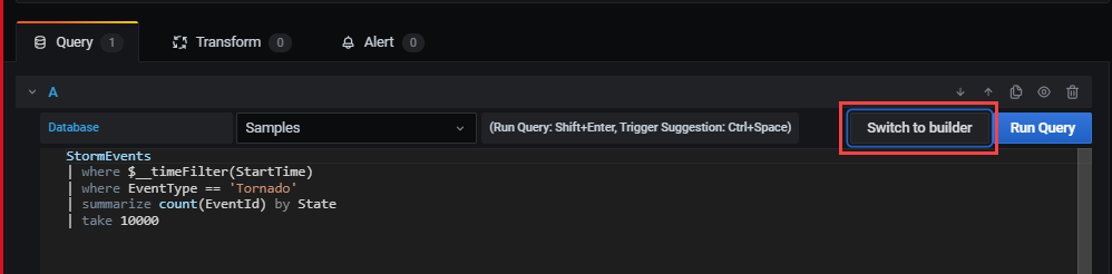 Screenshot of the query window, with the button for switching to the builder highlighted.