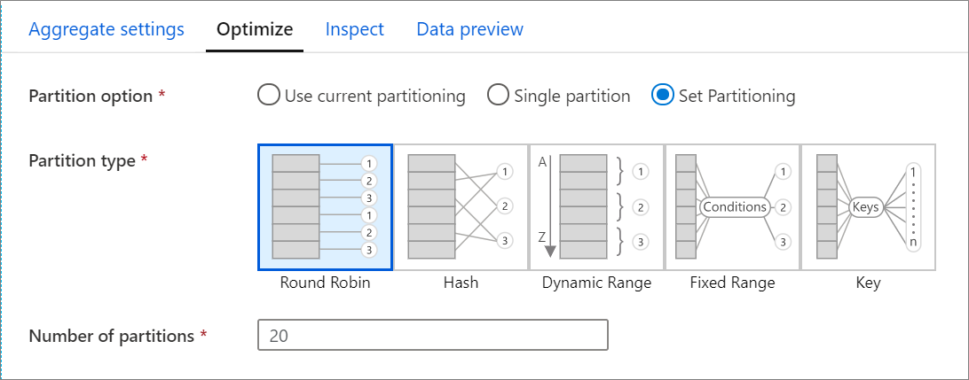 Screenshot shows the Optimize tab, which includes Partition option, Partition type, and Number of partitions.