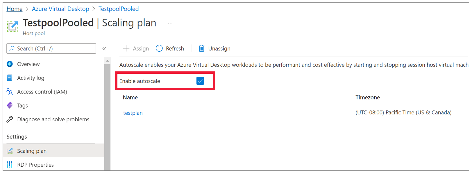 A screenshot of the scaling plan window. The "enable autoscale" check box is selected and highlighted with a red border.