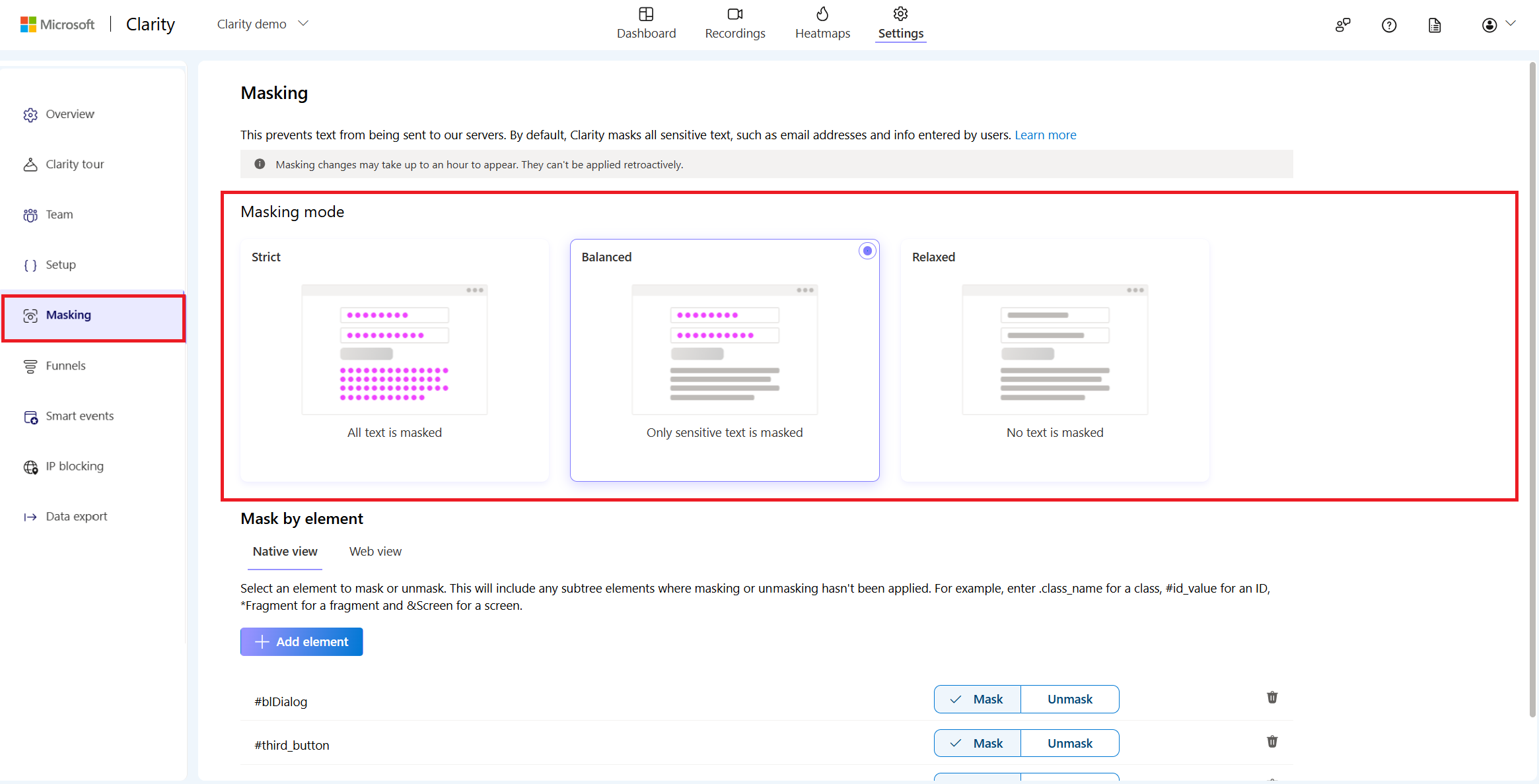 Masking mode in Clarity mobile SDK.