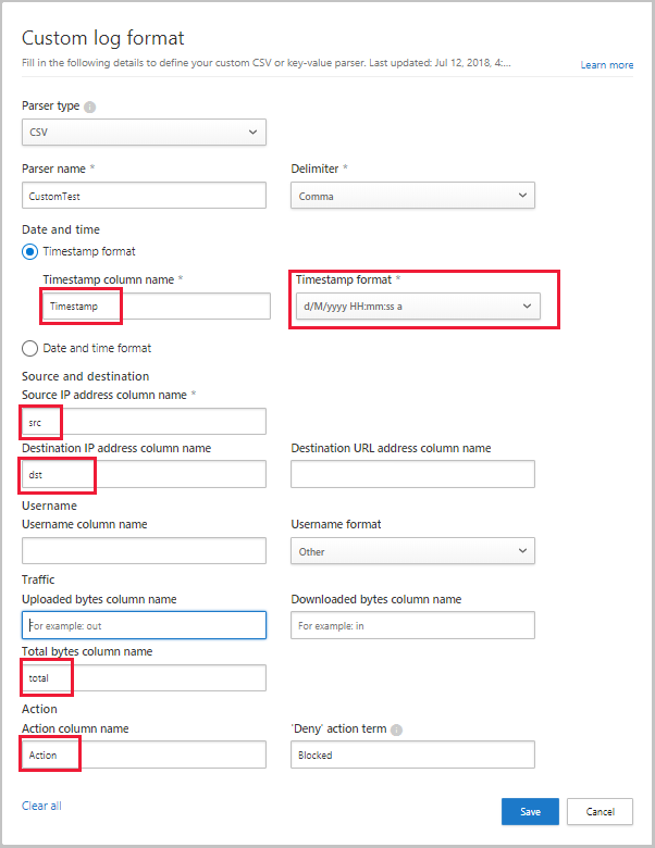 Skærmbillede af dialogboksen Brugerdefineret logformat med udfyldte værdier.