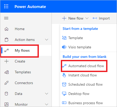 Power Automate opretter et nyt flow.