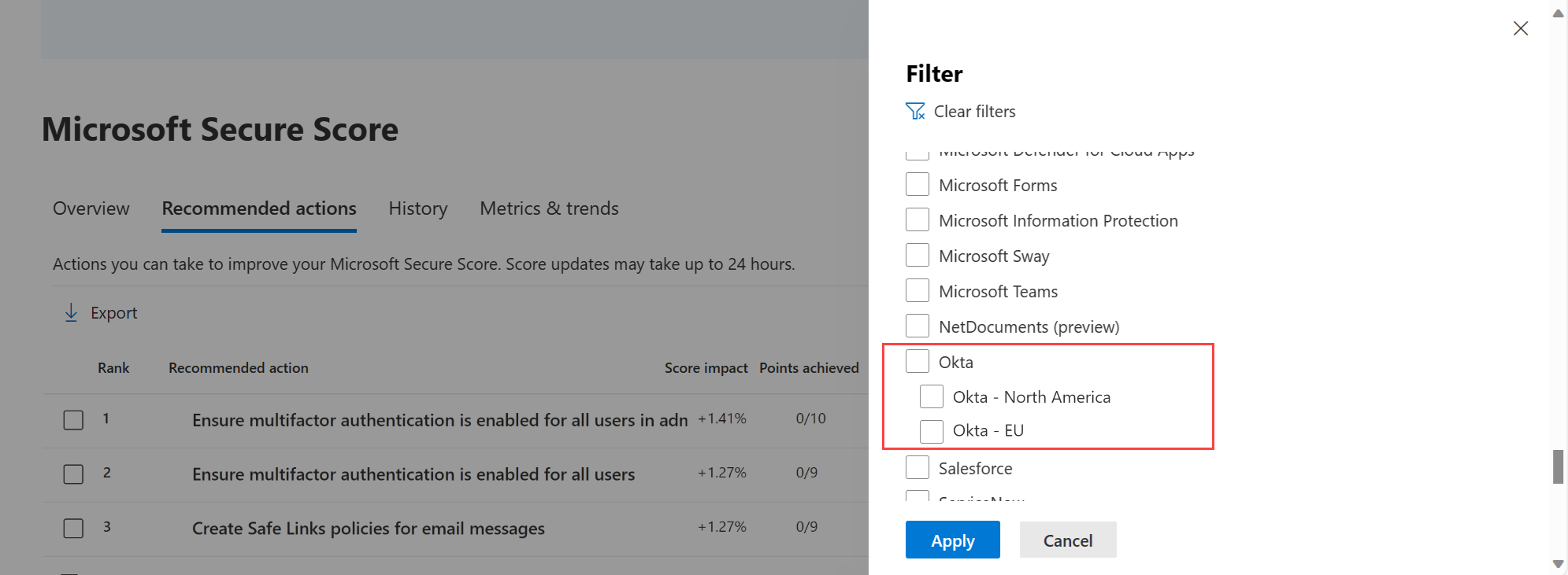 Skærmbillede af et secure score-filter, der viser flere forekomster af en app.